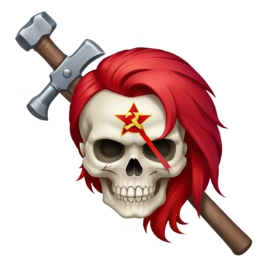 A skull with red hair, with a hammer and sickle behind it sticker