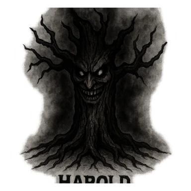 tree character named Harold inspired by Haunted Mound, sinister face, gnarled roots, shadowy aura sticker