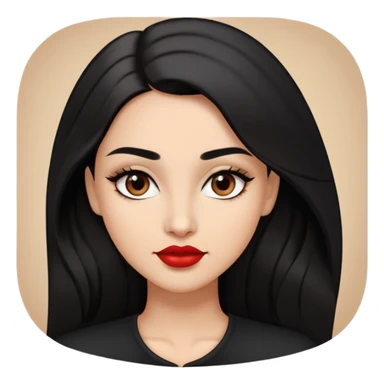 Confident young woman with oval face, elegant features, dark brown eyes, arched eyebrows, red lipstick, light brown skin, long black hair, wearing a black top sticker