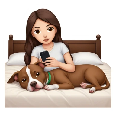 Girl long dark brown hair lays on her bed with her cell phone and her brown pit bull lays guarding her sticker