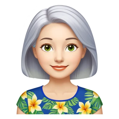 A woman with light complexion, oval face with soft rounded features, full cheeks, gentle almond-shaped eyes with subtle smile lines, longer back length silver-gray hair parted to the side, wearing a vibrant short-sleeved blouse with tropical print in blue, green, and yellow, exuding warmth and joy. sticker