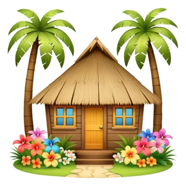Hawaiian beach house, small tropical house, wooden walls, thatched roof, colorful flowers, palm trees, cute mobile game icon, 3D cartoon, bright colors, soft shadows, clean background, no text, no watermark sticker