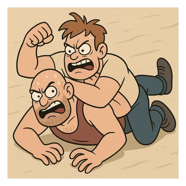 two characters wrestling, intense expressions, cartoon style sticker