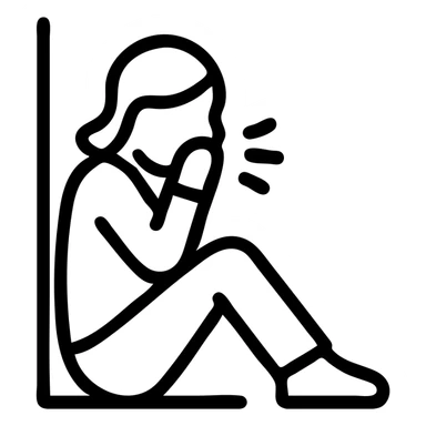 flat icon style woman sitting against a wall, sick, hand covering mouth, urban background sticker