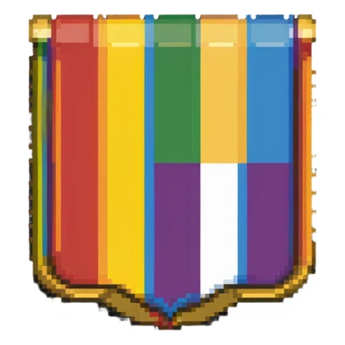 LGBT pride flag emblem, 40x40 pixels, gold border, rainbow stripes, Habbo Hotel badge style sticker