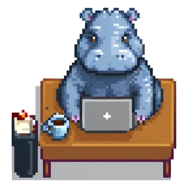 A cartoon hippopotamus who sits at a laptop and drinks coffee sticker