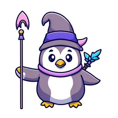 penguin wizard with a staff and hat, surrounded by a small dragon, fairy, and unicorn, colorful fantasy landscape with gothic castle sticker