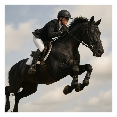 an equestrian riding a black horse, both jumping in a Grand Prix style, dynamic action pose, no barriers or obstacles visible sticker