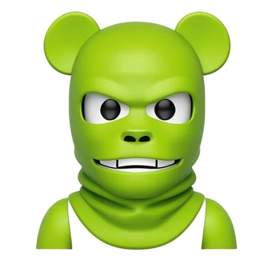 bearbrick toy wearing a lime green balaclava with angry aggressive thick eyebrows showing above the mask sticker