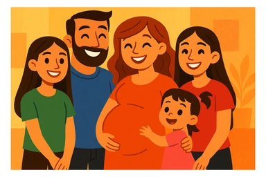 warm and joyful family portrait featuring a father, visibly pregnant mother, two teenage girls, and a 2-year-old baby girl, all together sticker