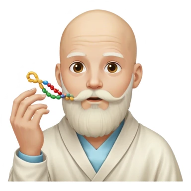completely bald guy, with a long, white wizard beard tied down in a hair tie, eating a strand of dna sticker