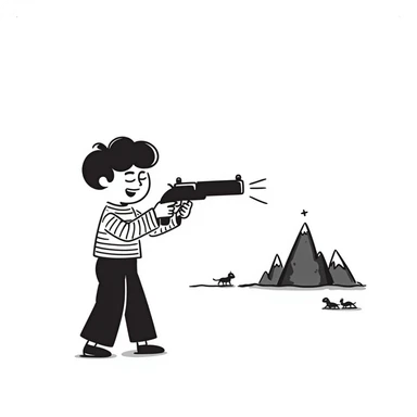 Hand drawn little guy with a toy gun shooting at a mountain with tiny goons sticker
