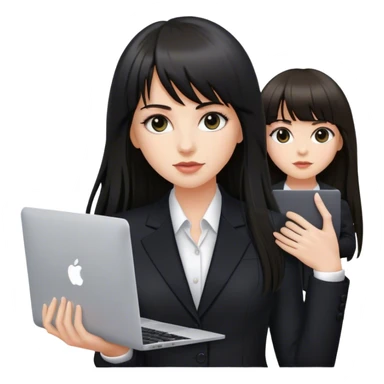 Beautiful white girl, with dark very long hair with bang, wearing black suit with MacBook  sticker