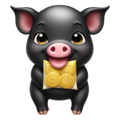 Cute baby black pig smiling with 4 fortune pouches. sticker