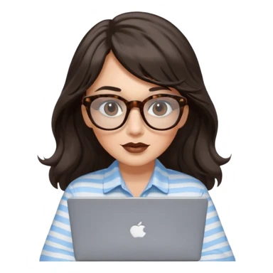 A white woman with long wavy dark brown hair and a whispy bang, wearing thick tortoise SQUARE glasses. She has long lashes and a nude browny glossy lipstick. She's wearing an oversize light blue shirt with white strips. She's working on a laptop sticker