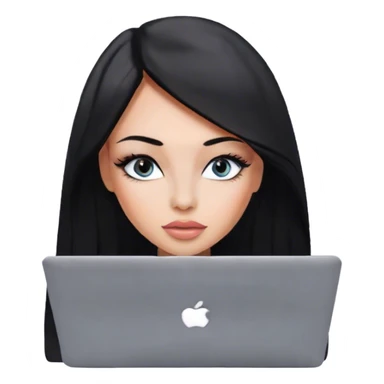 Glamours, tanned, very beautiful girl, with big pump peach-beige-rose lips, eyeliner, long long lashes, black straight smooth silky long hair, straight parting hair, blue-grey eyes with macbook sticker