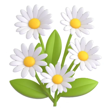 3D iOS style emoji of a bouquet of three cartoon daisies with white petals and yellow centers, green leaves, shiny and smooth, soft shadows, vibrant and friendly look, inspired by Apple emoji aesthetics sticker