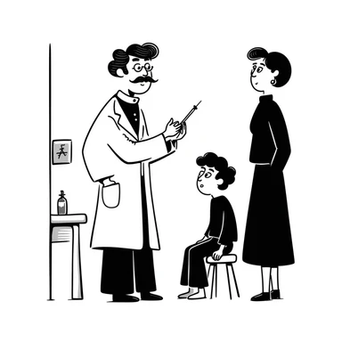 A Victorian doctor giving a young poor boy a vaccination with the boy's mother in the background looking worried sticker