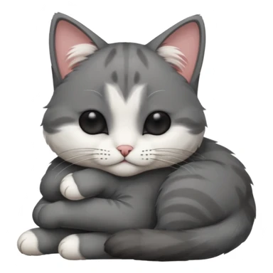 dark grey and white small cat with his eyes closed, leaning his head on his paw while leaning on his elbow lying down sticker