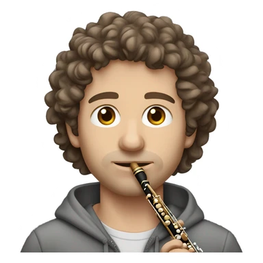 Caucasian man grey zipped hoodie brown hair bit curly brown eyes. he is playing the flute. sticker