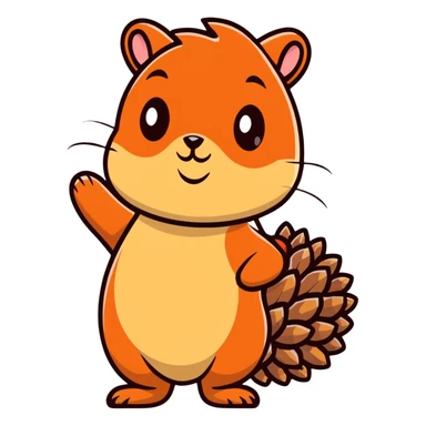 A greedy little squirrel with a big pine cone on top of its head, showing a strange facial expression, wide eyes sticker