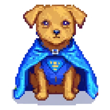A pixel art style emoji of a super dog with a blue cape. sticker