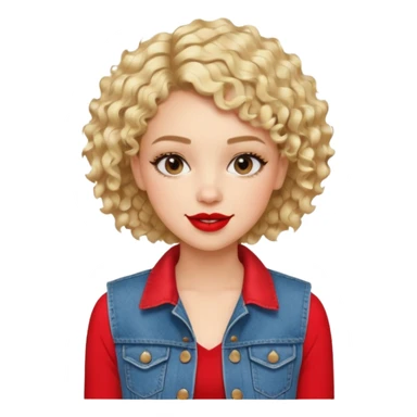 young fashionable woman, short curly blonde hair, wearing a denim vest and bold lipstick, cheerful expression sticker
