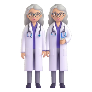 woman science teacher with long graying hair, wearing a lab coat sticker
