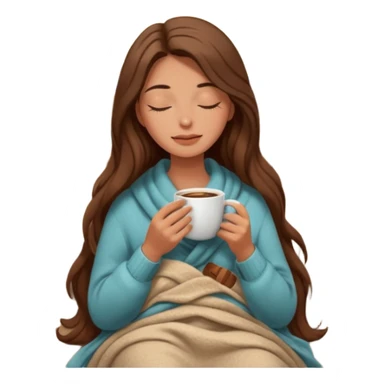 long brown hair woman closed eyes covered with cozy wool beige blanket, holding cup of coffee, autumn mood sticker