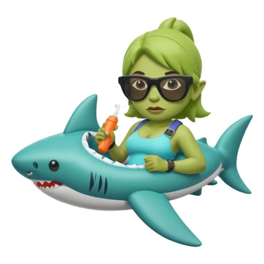 orc female sitting in an inflatable floatie shaped like a shark, wearing oversized sunglasses and a whistle on a neck cord sticker