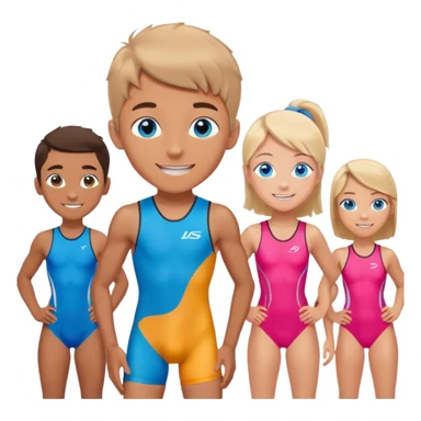 smiling boy with blue eyes, bunch of girls in background, triathlon unitard sticker