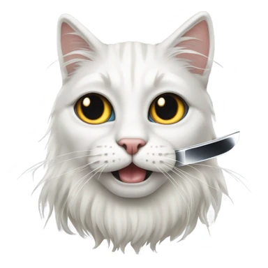 White long haired cat with black markings around eyes holding a knife  sticker