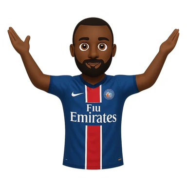 Add a beard to Matuidi with arms-out celebration pose, wearing PSG kit, in emoji style. Remove the background. sticker