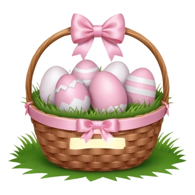 white basket full of light pink easter eggs on grass with a light pink bow sticker