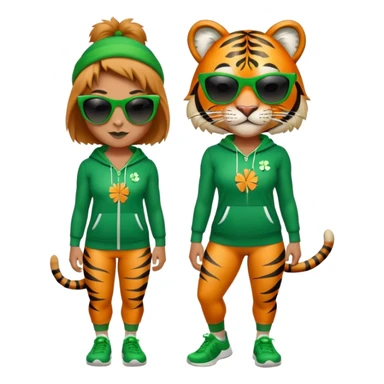 female energetic anthropomorphised tiger in full body, wearing St. Patrick's Day themed sportswear and dark sunglasses sticker