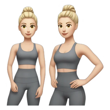Pale skinned fit woman In a gray tight yoga suit and wristbands With ash blonde hair in a bun doing yoga sticker