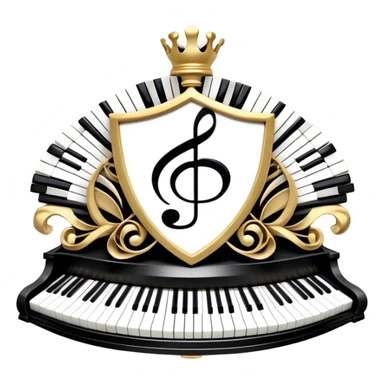 Create an elegant and festive emoji collage representing keyboard instruments, styled like a heraldic emblem. The design should feature a central focal point of black and white piano keys, arranged in a semi-circular or shield-like shape. Around the piano keys, add intertwining musical notes that form flowing ribbons, creating a dynamic and celebratory atmosphere. The design should be professional, with polished silver and gold accents on the keys and notes, highlighting the luxury and sophistication of the instruments. Add subtle shading and lighting effects to give the design a refined, 3D appearance. The background should remain transparent, and the overall feel should evoke grandeur, artistry, and a sense of celebration. sticker
