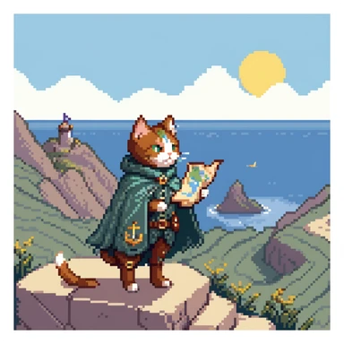 Explorer cat with map, mountain landscape with stars, wearing light explorer outfit with cape blowing in wind, gazing at horizon sticker