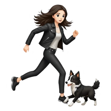 A beautiful tall girl with fair skin and long hair wearing a black leather jacket and black pants running with a Border Collie sticker