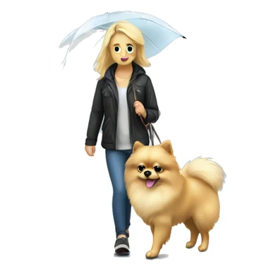 Blonde girl walking pomeranian under the rain sticker