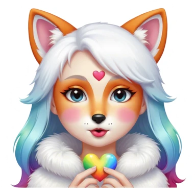 Feminine girl fox with white fur making a kissy face expression and a tiny rainbow heart sticker