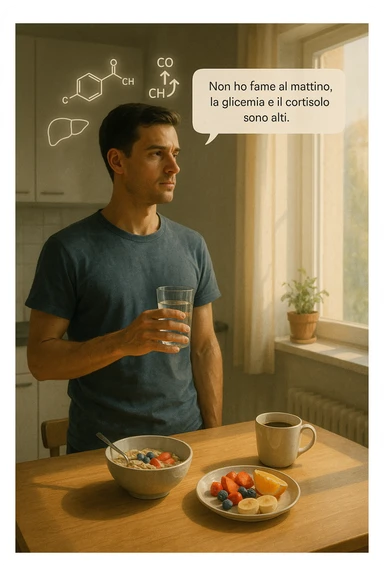 A realistic, cinematic illustration of a man in his early 30s with a lean, healthy build, standing calmly in a bright, minimal kitchen in the early morning. On the kitchen table, there is a prepared but untouched healthy breakfast (oatmeal, fruit, coffee). The man, with a neutral and focused expression, holds a glass of water while looking out of the window where morning sunlight enters. Above him, subtle glowing medical icons display: a glucose molecule, a cortisol hormone symbol, and a liver icon, indicating high morning blood sugar and cortisol levels. A small speech bubble or text overlay says: ‘Non ho fame al mattino, la glicemia e il cortisolo sono alti.’ The scene conveys a sense of calm, clarity, and body awareness, showing that the man consciously avoids breakfast due to physiological signals rather than restrizione. The style is realistic, warm, with a slight film grain, emphasizing health and conscious self-regulation. sticker