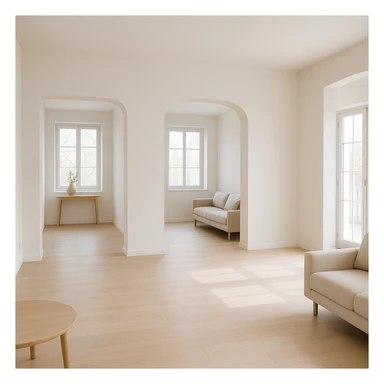 spacious room with three entryways, minimalist style, soft colors sticker