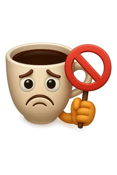emoji stile iphone di una tazzina di caffè con espressione triste in volto mentre tiene un divieto in mano, iperrealistico 4k sticker