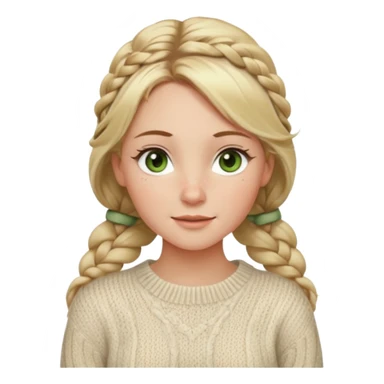 dirty blonde hazel/green eyes woman with a white cable knit sweater and one braid down her back  with tendrils of hair flowing down her face and she is happy pale, some freckles, blush. she has a cateye wing and long lashes sticker