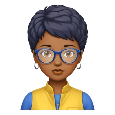 stern Black woman with short textured hair, glasses, wearing blue and yellow jumpsuit, front-facing sticker