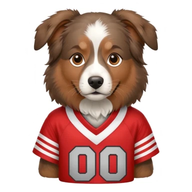 Brown Australian shepherd dog wearing an Ohio state jersey sticker