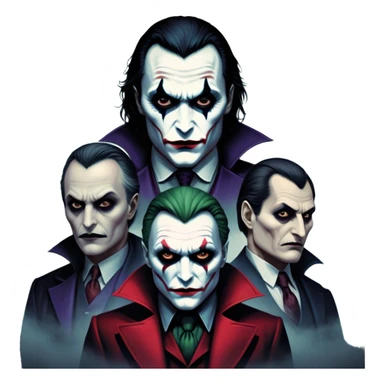 Thriller Movie Icon: A dark, intense collage with close-up images of iconic thriller characters like Joker, Hannibal Lecter, and Vlad Dracula. The background features a moody Gotham City skyline, with shadowy figures and fog. Atmospheric, suspenseful tone. Transparent background. sticker