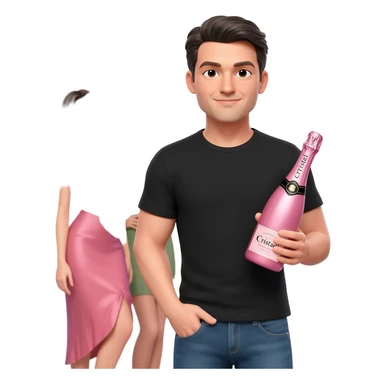 The client, , medium height, black T-shirt and jeans. He looked like a regular guy, except that he held a famously expensive pink bottle of Cristal champagne in one hand and was surrounded by towering, thin, beautiful girls. sticker