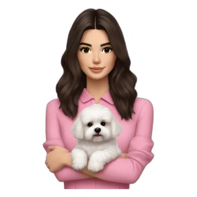 brunette Kendall Jenner with long hair holding on the hands white maltipoo in pink collar sticker